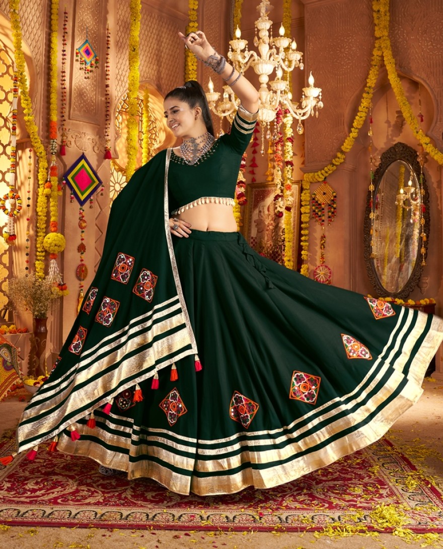 11006 - Intricate Green Viscose Rayon Navratri Wear Lehenga Choli With Dupatta